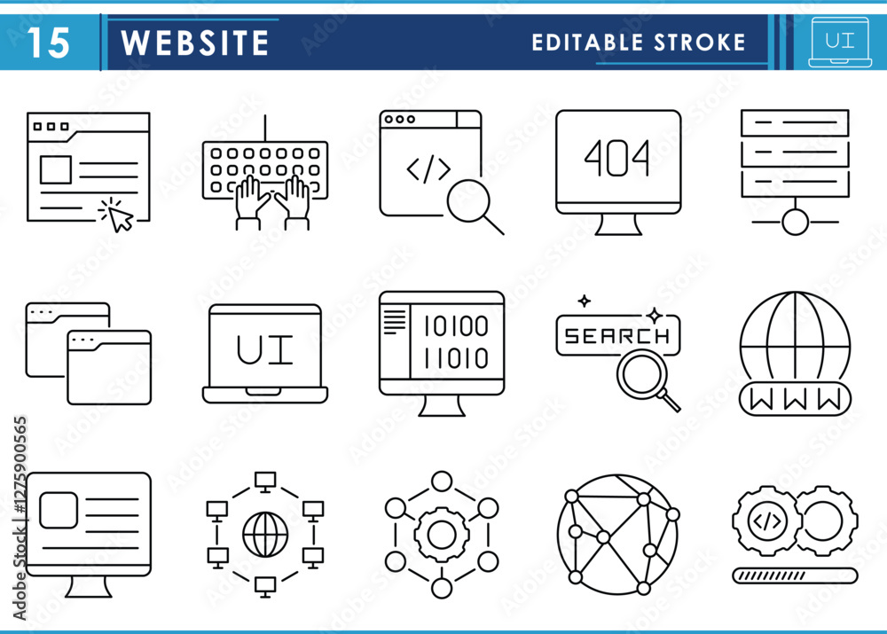 Leinwandbilder A set of line icons related to Website. Development, webpage, internet, network, computer, developer, programming, coding, and so on. Vector editable stroke.