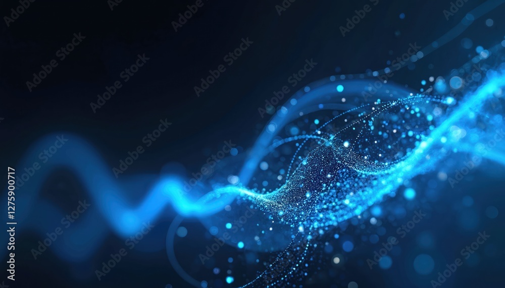 Poster Abstract blue light streaks data flow on black background. Communication tech, data traffic concept. Digital network lines, wave cyber mobile wireless info transfer system.