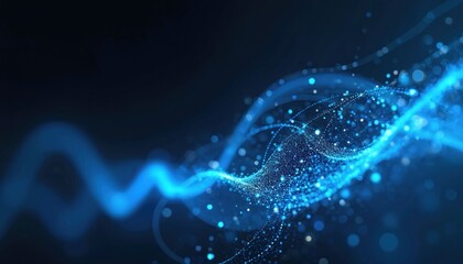 Abstract blue light streaks data flow on black background. Communication tech, data traffic concept. Digital network lines, wave cyber mobile wireless info transfer system.