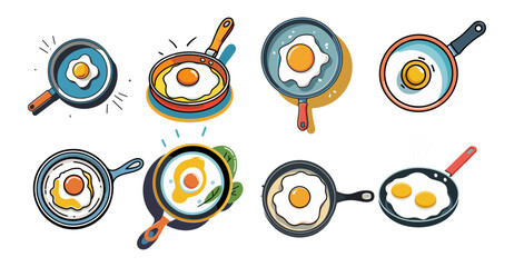 Sets icon collection of colorful illustrations fried eggs in various frying pans, each with unique designs and vibrant colors, highlighting diverse cooking styles