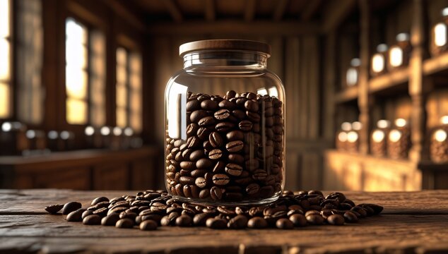 coffee, coffee beans, seeds, brown, coffee in a jar, coffee beans in a jar, jar, glass jar, glass jar, coffee beans in a jar, illustration, background, wooden room, wooden bar, sunlight, shine, scienc