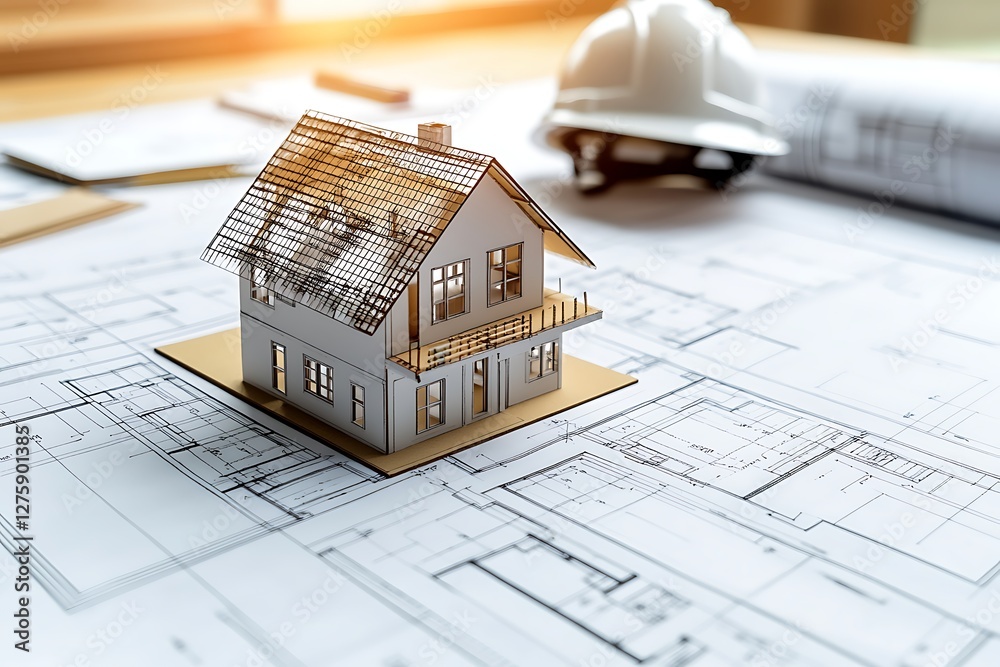 Poster a modern architectural workspace featuring a detailed house design in a high-quality image.