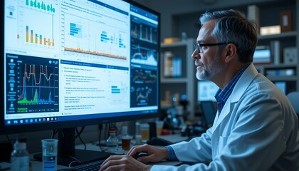 Senior Scientist Analyzing Complex Data on Large Monitors Late at Night in Laboratory