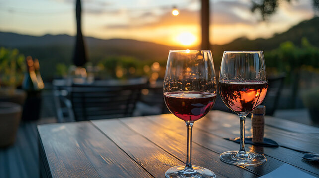 Elegant wine glasses on table against a vibrant sunset backdrop, perfect for wine tourism, romantic outings and vineyard promotion