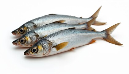 Obraz premium Three fresh sardines displayed on white surface. Silver ocean fish close-up. Nutritious seafood rich in omega-3 fatty acids. Raw marine food for healthy diet.