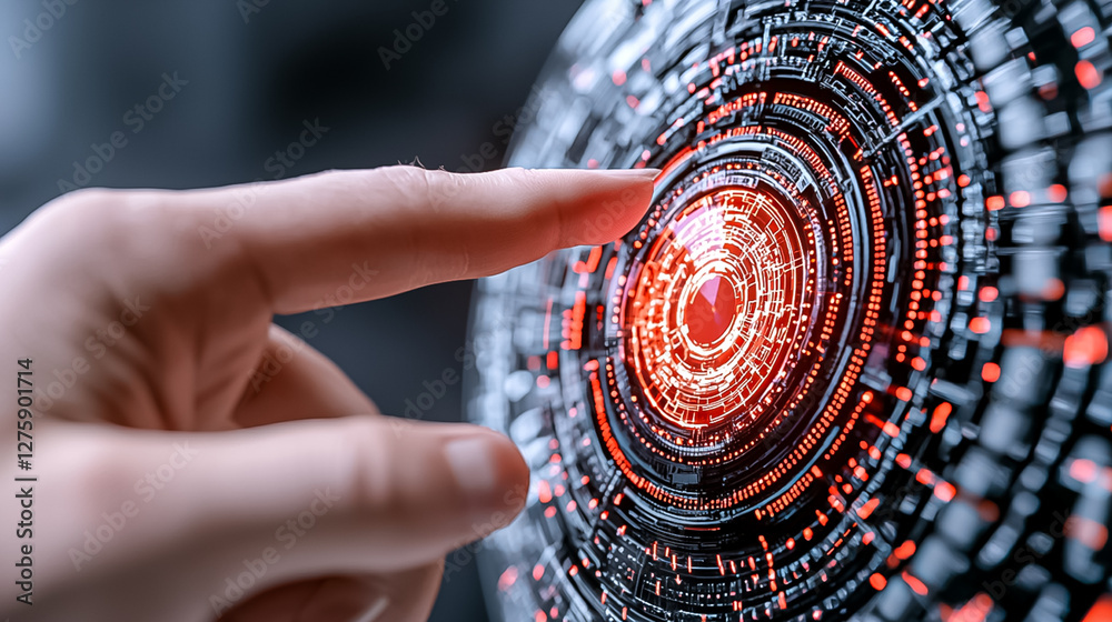 Poster close-up of a finger touching a futuristic digital interface with glowing red circles and patterns