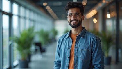 Confident Indian software engineer stands in modern office, smiles at camera. Tech worker wears casual denim shirt. Professional IT developer enjoys tech workplace.