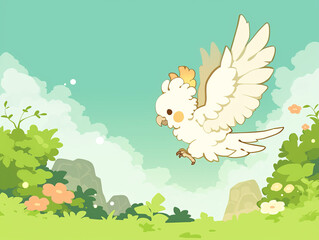 playful cockatoo flying over vibrant tropical landscape filled with flowers and greenery
