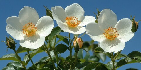 Obraz premium Three White Dog Rose Flowers with Orange Center Blooming Against a Clear Blue Sky, Close Up