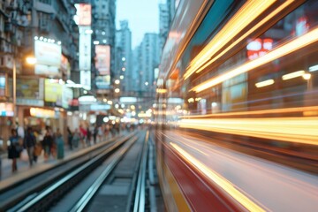 Naklejka premium Dynamic Urban Landscape Experience the Rush of City Life with Blurring Lights, a Captivating Glimpse into Modern Transportation, Where Buses Zoom Through Bustling Streets, Creating a Symphony of