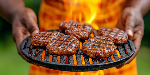 Person Holding Grilled Burgers on a Tray Over an Open Flame During a Summer Barbecue Gathering
