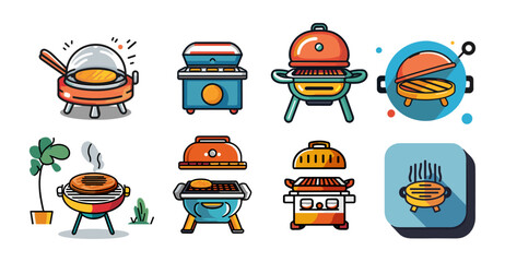 Sets icon collection of colorful cartoon style barbecue grills, each with unique designs and features, arranged in a grid pattern