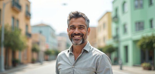 Happy middle aged hispanic man smiles at camera on urban street. Mature male with beard in casual clothes, joyful expression against city building background. Positive emotion.