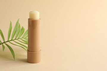 Lip balm and leaves on beige background, closeup. Space for text