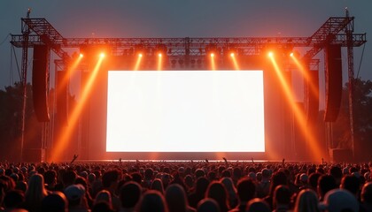 Large outdoor concert stage with rigging and beam lights. Crowd silhouettes, concert lighting and sound system. White blank screen ready for content insertion mockup.
