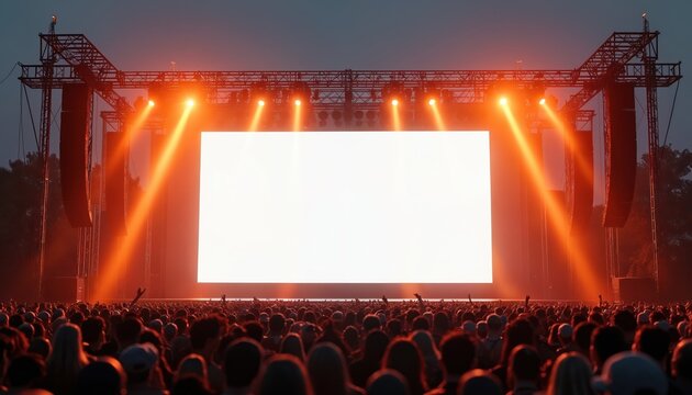 Large outdoor concert stage with rigging and beam lights. Crowd silhouettes, concert lighting and sound system. White blank screen ready for content insertion mockup.
