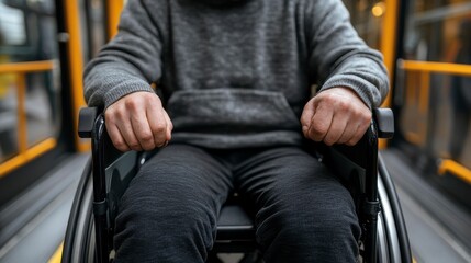Empowering Mobility A Close-Up Perspective of a Person Using a Wheelchair on Public Transport, Highlighting Accessibility and Inclusion for Individuals with Disabilities, Showcasing Independent