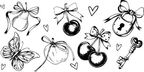 Fashionable vector graphics of a set of elements of cherry, butterfly, pear, lock, key, hearts. Vector doodle illustration in EPS 10 format, hand-drawn graphics
