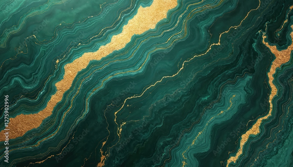 Poster luxurious marble texture with emerald green fluid organic patterns, gold veins creating opulent mesm