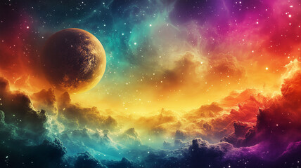 Obraz premium Space planet concept background. Sci-fi fantastic cosmic horizontal poster. Amazing cosmic wallpaper. Raster bitmap digital illustration. AI artwork. 