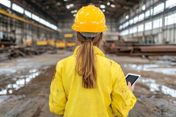 Explore the intricacies of industrial safety and technology through this captivating image, showcasing a female worker donned in protective gear, navigating a bustling factory floor with the aid of a