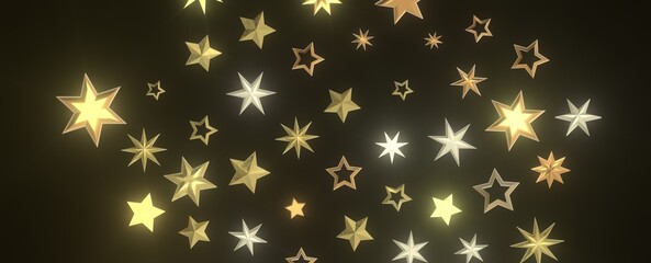 Banner with golden decoration. Festive border with falling glitter dust and stars.
