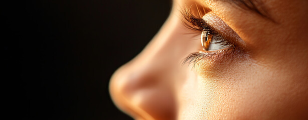 close up of person eye showcasing detailed eyelashes and skin texture, reflecting confidence and beauty