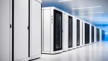 A gleaming data center features rows of pristine white server racks stretching into the distance.