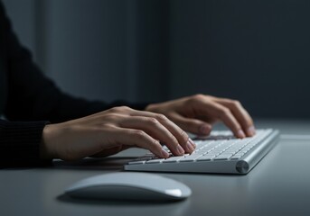 Close-Up Hands Typing Keyboard Modern Office Workspace