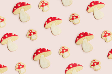 Thin homemade biscuits. Woodland red mushroom with white dots. Sugar cookies for party, Easter or baby shower. 