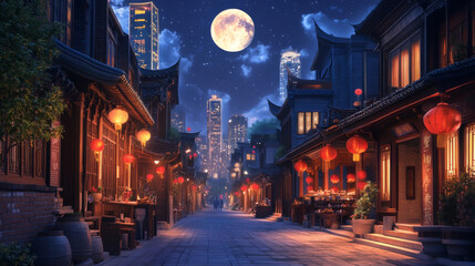 Night China town street in modern city. Vector cartoon illustration of old Chinese buildings, tea shop, traditional cuisine restaurant, red paper lanterns, urban skyscrapers, stars and moon in sky