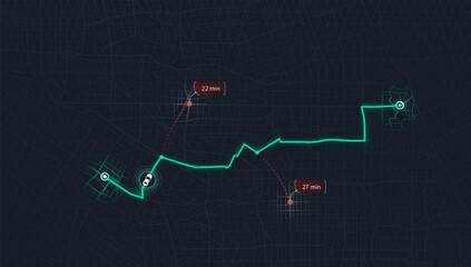 Abstract navigation plan on city map. Concept of shortest path to the goal. Map with intended goal and several paths to destiny. Vector illustration