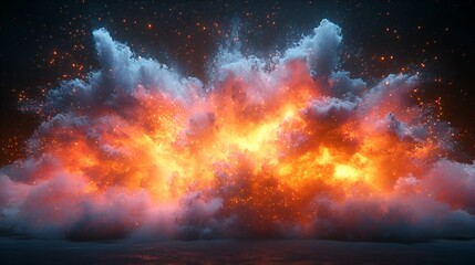 Fiery explosion in night sky clouds, dramatic scene, background use
