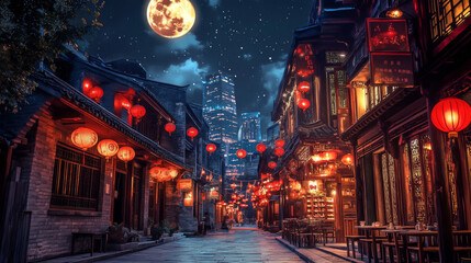 Night China town street in modern city. Vector cartoon illustration of old Chinese buildings, tea shop, traditional cuisine restaurant, red paper lanterns, urban skyscrapers, stars and moon in sky