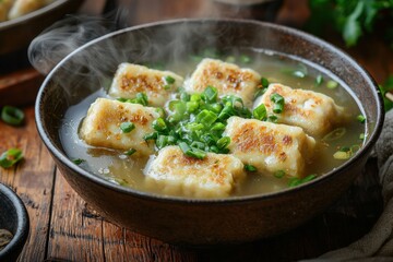 Close-up of a steaming bowl of traditional Asian dumpling soup garnished with scallions, creating a warm and comforting image perfect for food blogs and restaurant menus.