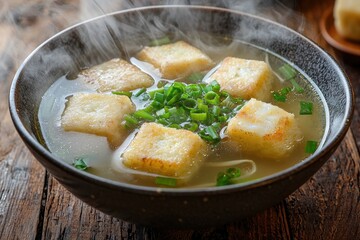 A steaming bowl of clear broth with golden dumplings and fresh chives, presented on a rustic wooden surface for a comforting and delicious meal.