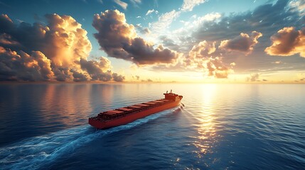 Obraz premium A lone red cargo ship sails on the open ocean, capturing a serene maritime scene in this dramatic image.