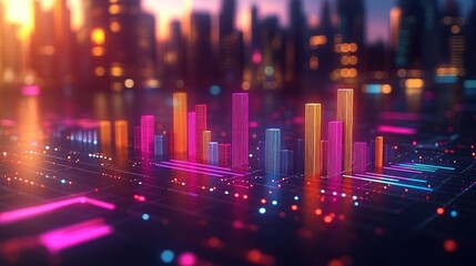 Cityscape data visualization, glowing bars