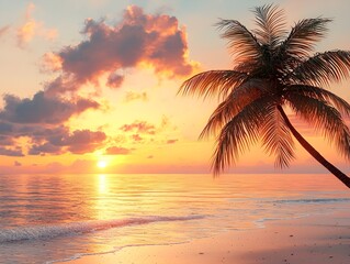 Sunrise on the beach with gentle waves and golden skies in soft pinks and oranges