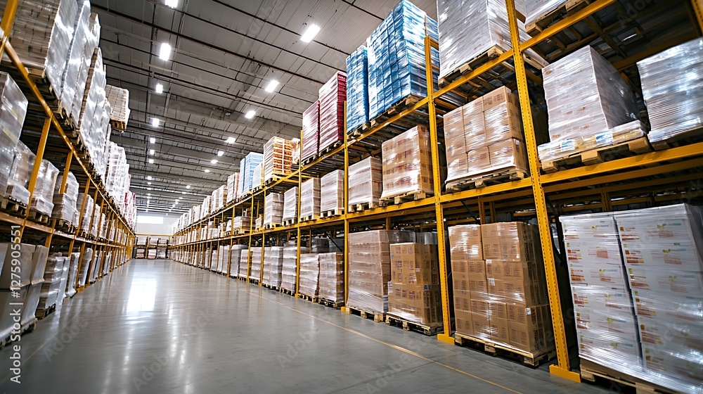 Poster organized food storage racks in a large warehouse setting featuring efficient shelving and arrangeme