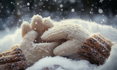 Fototapeta premium Warm woolen mittens in a snow storm feel cozy.
