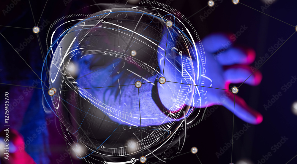 Aufkleber Global network. Blockchain. 3D illustration. Neural networks and artificial intelligence. Abstract