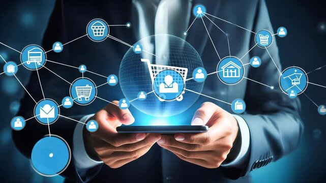 A dynamic businessman engages in online sales using his smartphone, effectively communicating with customers to drive success and showcase the power of digital commerce.