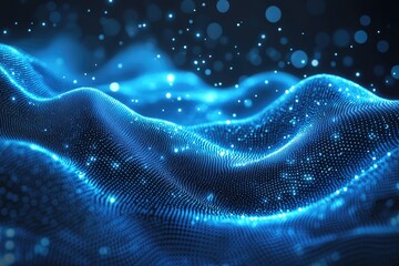 Glowing blue DNA strands create a futuristic medical concept background with soft light, emphasizing a digital abstract setting and ample copy space