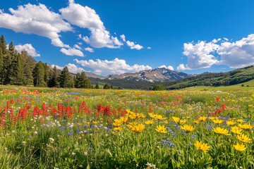 Obraz premium A meadow filled with colorful wildflowers under a vibrant blue sky