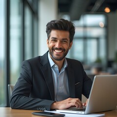 Fototapeta premium Trabajador de oficina hispano profesional en un entorno corporativo moderno