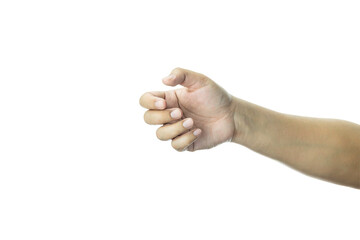 Male hand is open and holding something like a bottle. Gesture isolated on white background with clipping path.