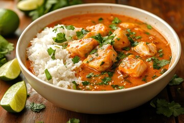 A bowl of fragrant and vibrant Indian fish curry, served over a bed of fluffy white rice, garnished with fresh cilantro and a squeeze of fresh lime.