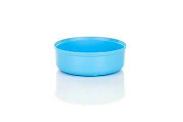Blue plastic water bowl isolated on a white background with clipping path.
