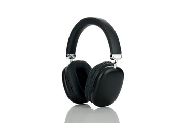 wireless overhead black headphones isolated on white background with clipping path.